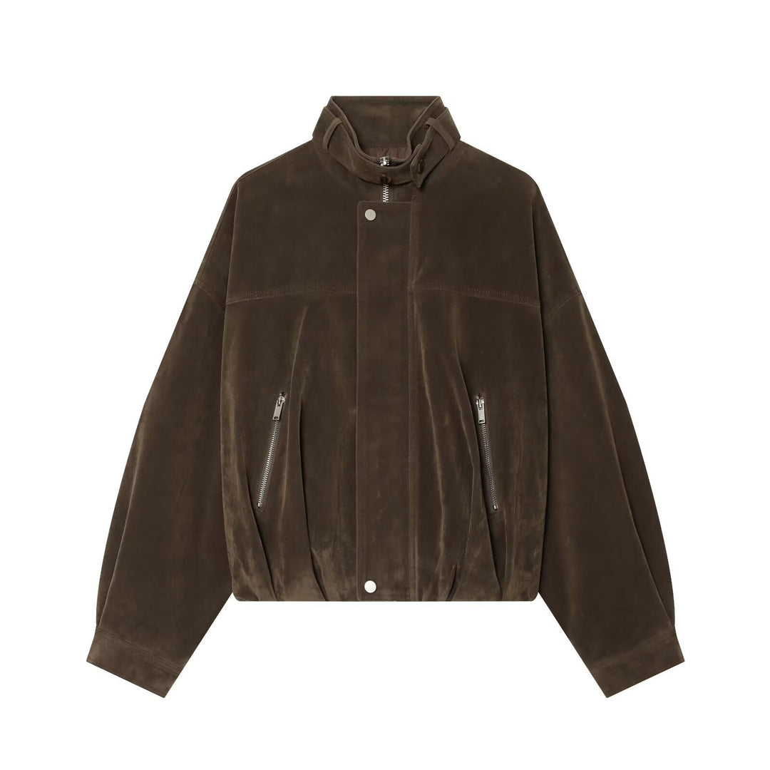 Women's short faux suede bomber jacket with high stand-up collar Mune Fashion