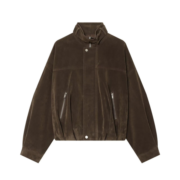 Women's short faux suede bomber jacket with high stand-up collar Mune Fashion