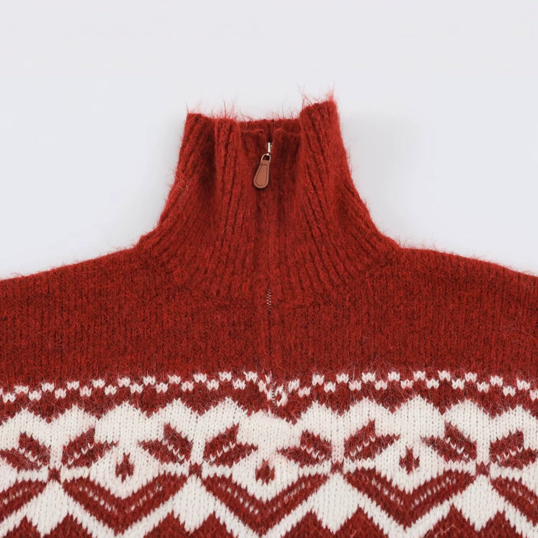 Women's Norwegian Pattern Knit Sweater with Half Zipper and Stand-up Collar Mune Fashion