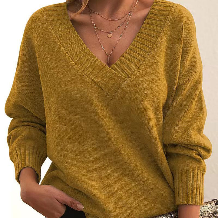 Women's Oversized V-Neck Knit Sweater with Ribbed Cuffs Mune Fashion