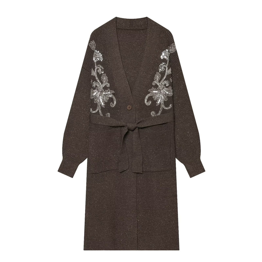 Women's long knit cardigan with waist belt and sequin embroidery Mune Fashion