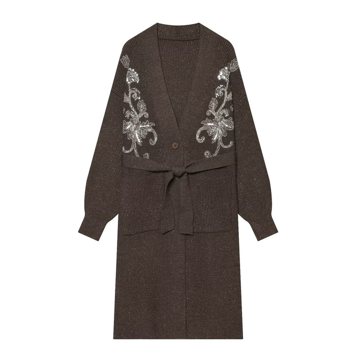Women's long knit cardigan with waist belt and sequin embroidery Mune Fashion