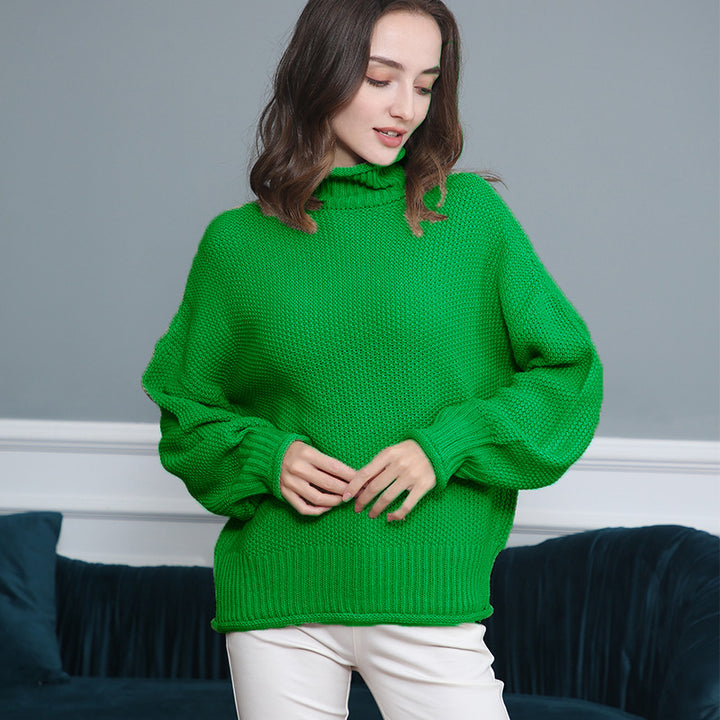 Women's Chunky Knit Turtleneck Sweater with Balloon Sleeves Mune Fashion