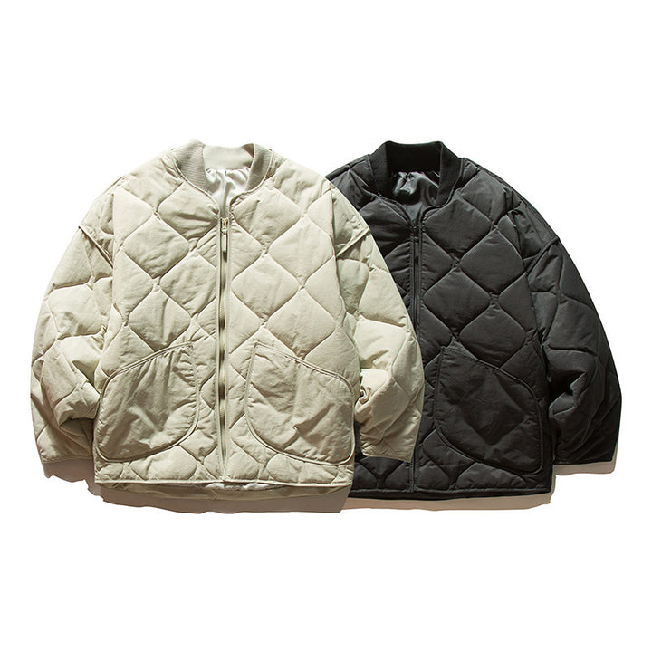 Unisex Lightweight Boxy Puffer Jacket with distinctive diamond quilting, front round pockets, and ribbed collar Mune Fashion