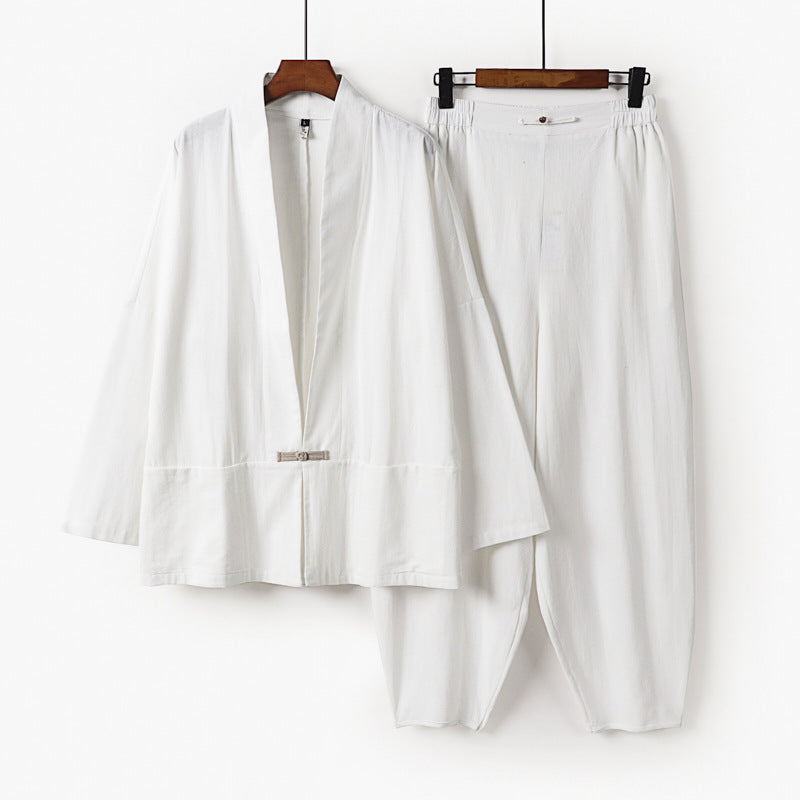 Men's Zen Relax Set with open kimono jacket, decorative toggle closure and tapered harem jogger pants Mune Fashion