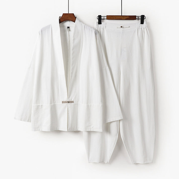 Men's Zen Relax Set with open kimono jacket, decorative toggle closure and tapered harem jogger pants Mune Fashion