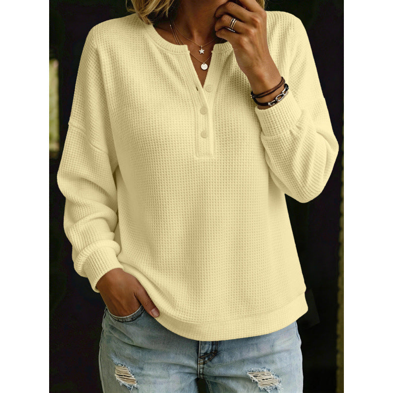 Women's Waffle Knit Henley Sweater with Oversized Cut Mune Fashion
