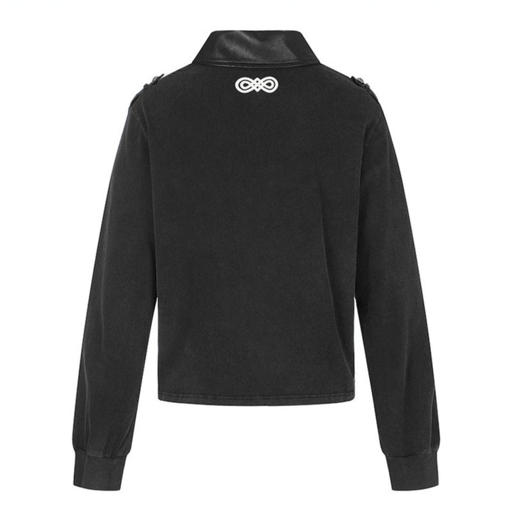 Women's pullover in military style with polo collar, decorative frogging applications, and epaulettes.