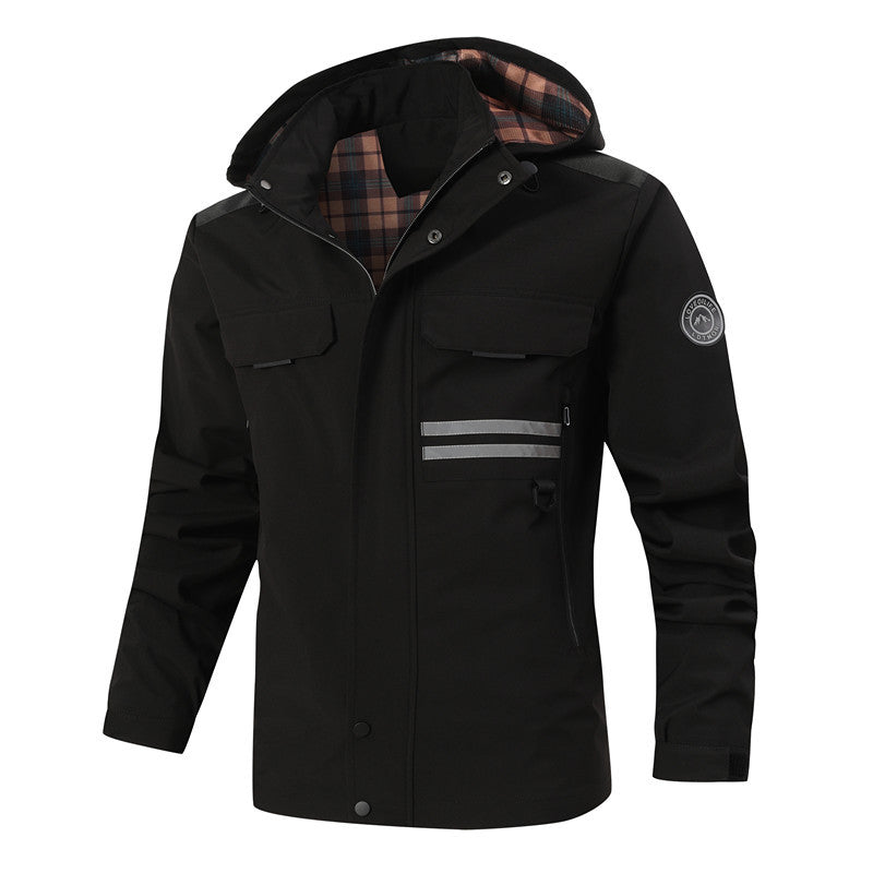 Men's Waterproof Softshell Jacket with Hood, Reflective Stripes and Checked Lining Mune Fashion