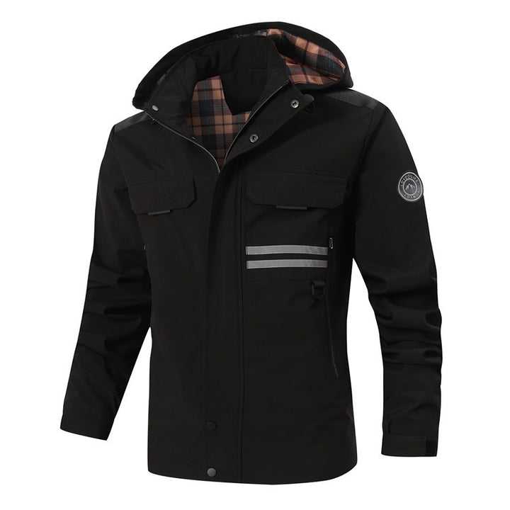 Men's Waterproof Softshell Jacket with Hood, Reflective Stripes and Checked Lining Mune Fashion