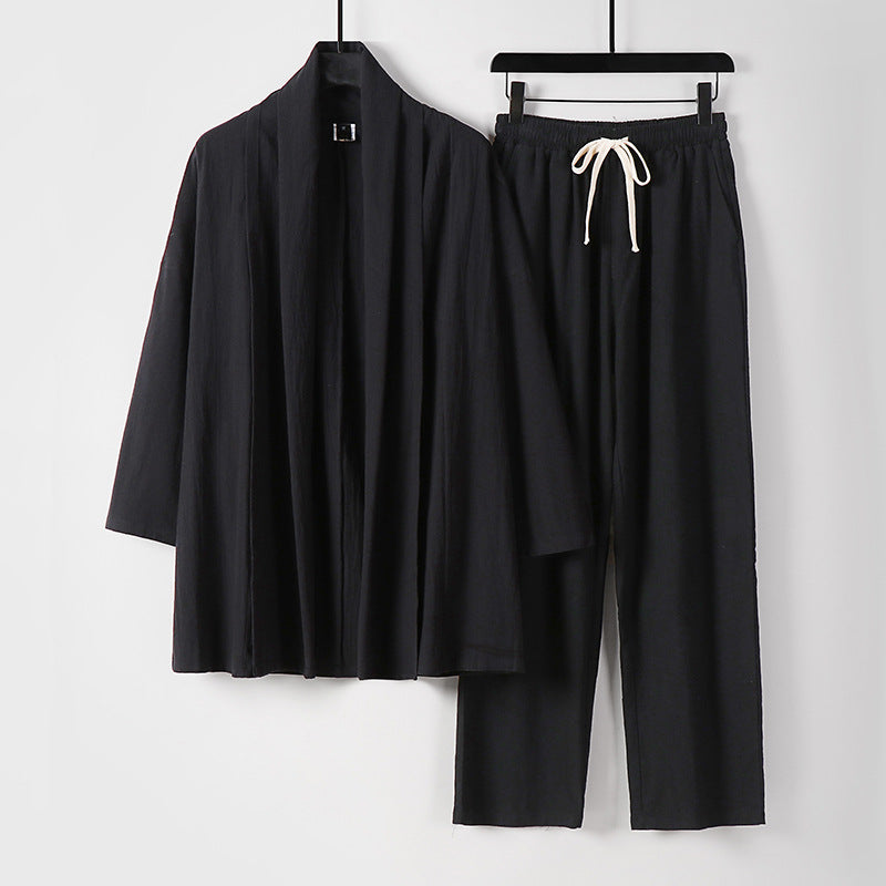 Unisex Casual Kimono Two-Piece Set made of breathable linen-viscose with open shawl collar and drawstring pants Mune Fashion