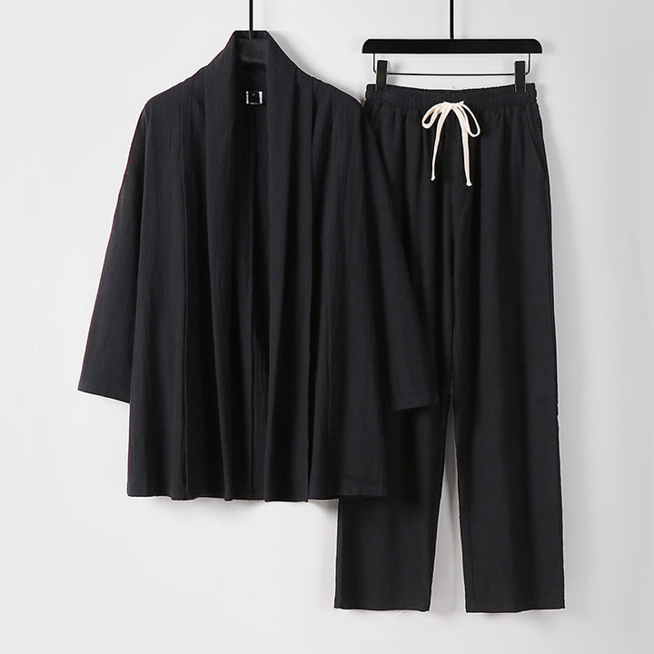 Unisex Casual Kimono Two-Piece Set made of breathable linen-viscose with open shawl collar and drawstring pants Mune Fashion