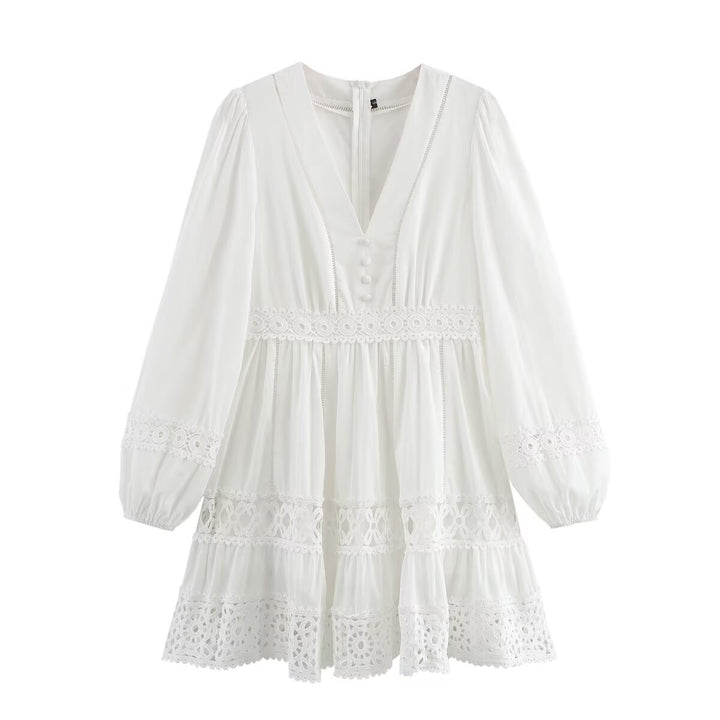 Women's Short Boho Dress with V-Neck, Ruffle Layers and Crochet Lace Mune Fashion