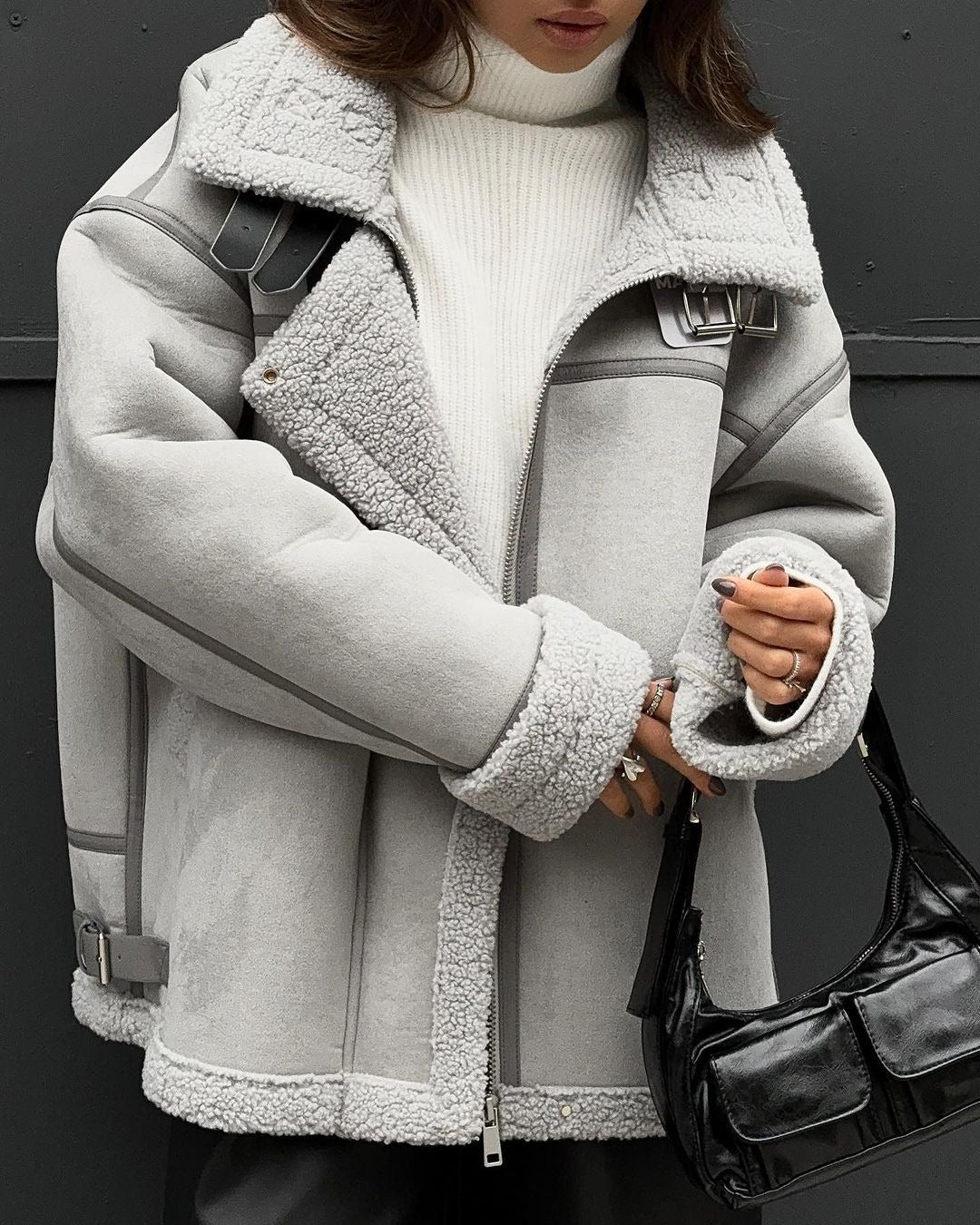 Women's Wide Cut Lambskin Imitation Flight Jacket with Faux Fur Lining Mune Fashion