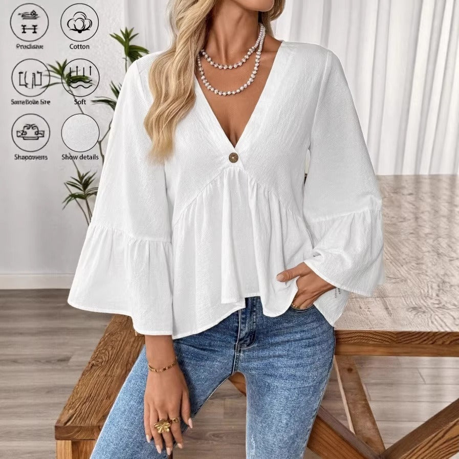 Women's elegant empire blouse with V-neck, gathered bust seam and bell sleeves Mune Fashion
