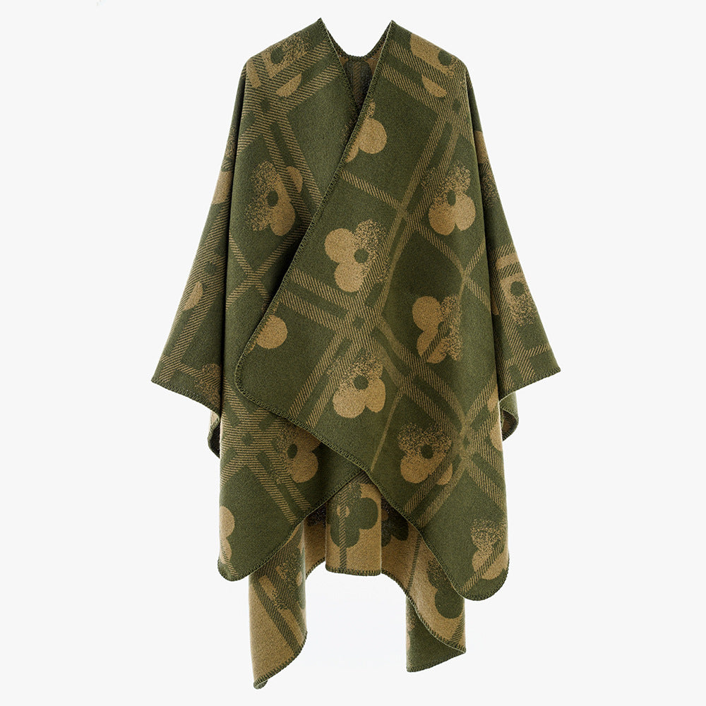 Women's Reversible Jacquard Poncho made of wool blend with floral check pattern and decorative piping seam Mune Fashion