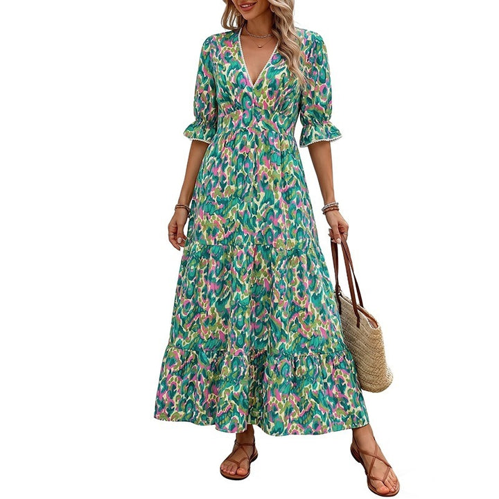 Women Long Maxi Dress with Ruffle Details and V-Neck Mune Fashion