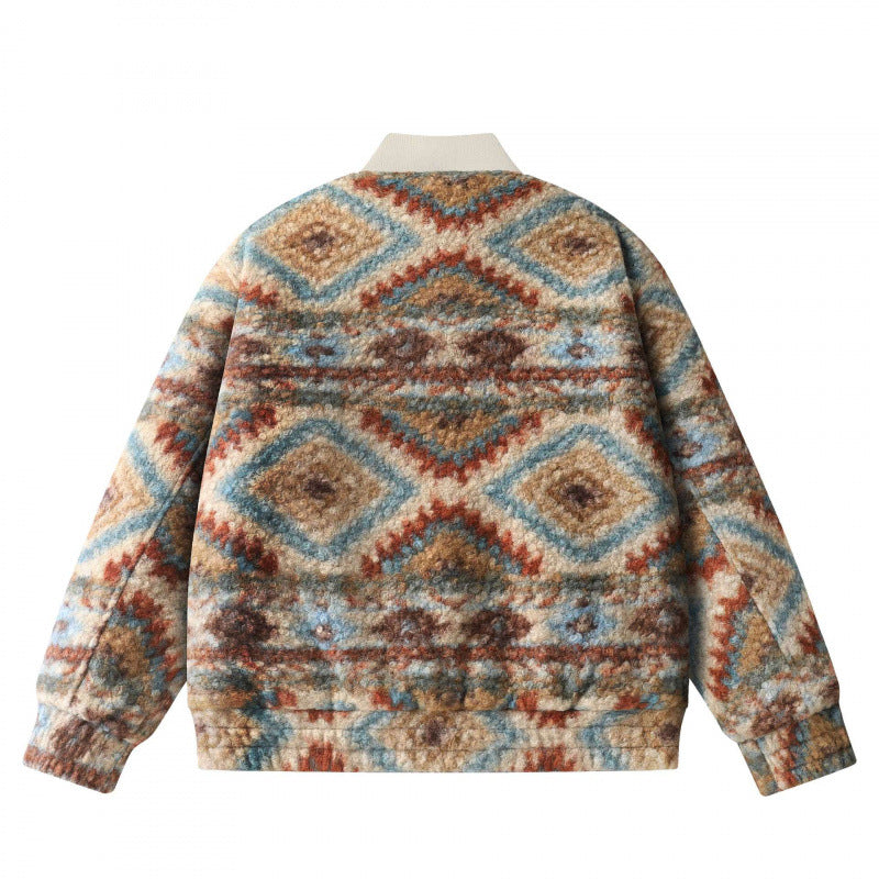 Unisex Boxy Fleece Bomber Jacket with Aztec Pattern and Zipper Mune Fashion