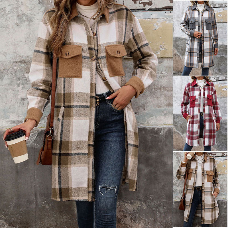 Women's long overshirt jacket in checkered flannel look with patch pockets Mune Fashion