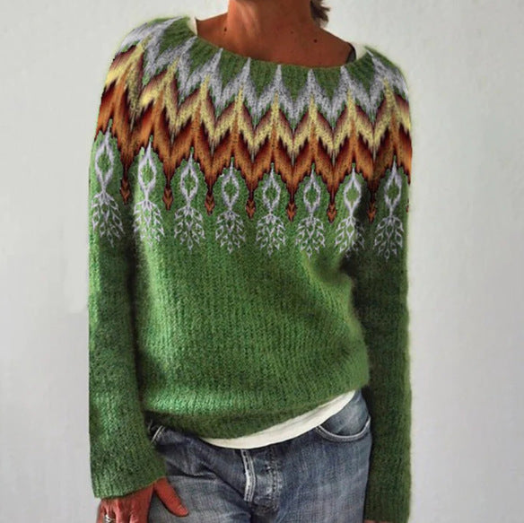 Women's patterned Norwegian knit sweater with wide round neckline and casual oversized fit Mune Fashion