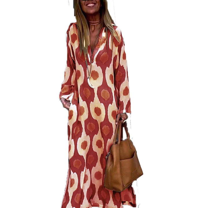 Women's Long Boho Maxi Dress with V-Neck, Loose Fit and Eye-Catching Allover Print Drune