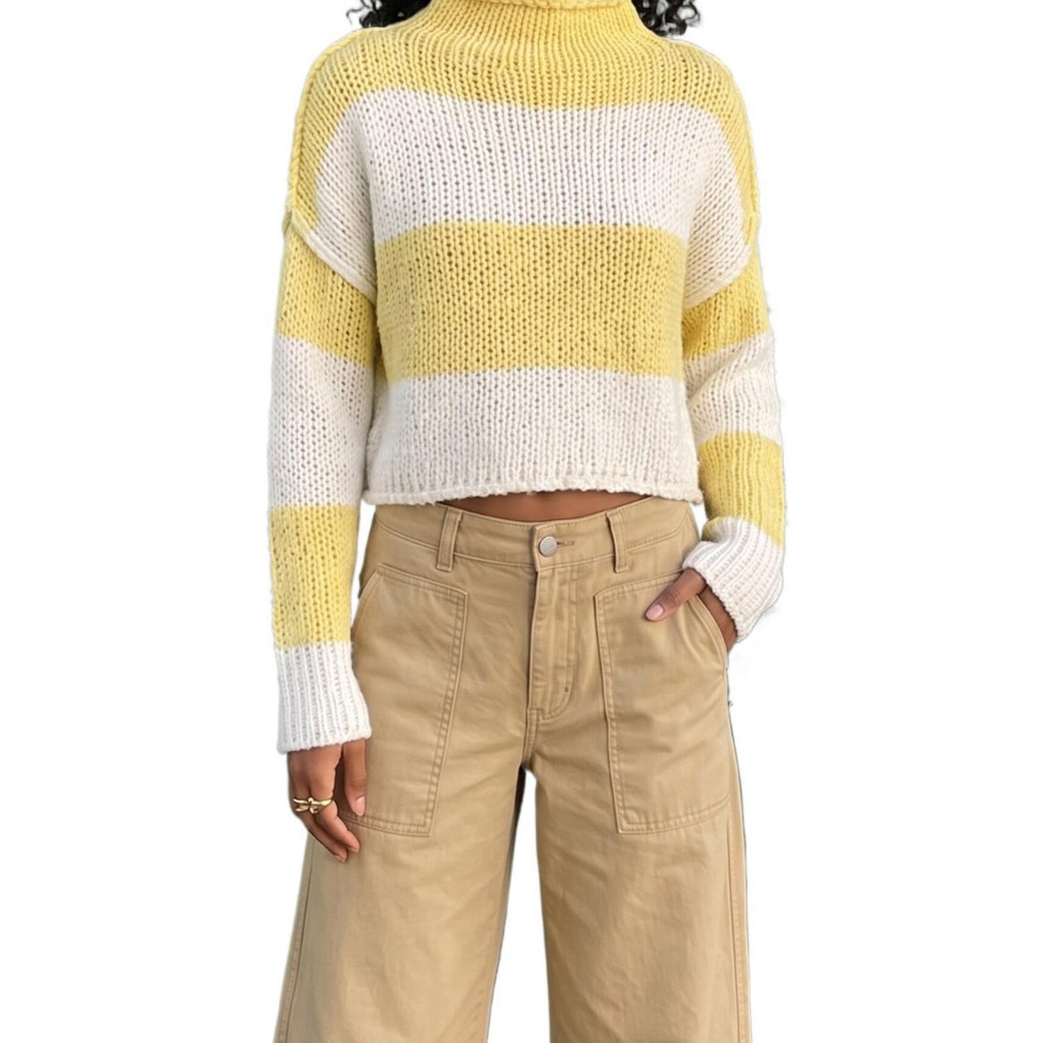 Women's Chunky Knit Cropped Sweater with Stand-Up Collar and Dropped Sleeves Mune Fashion
