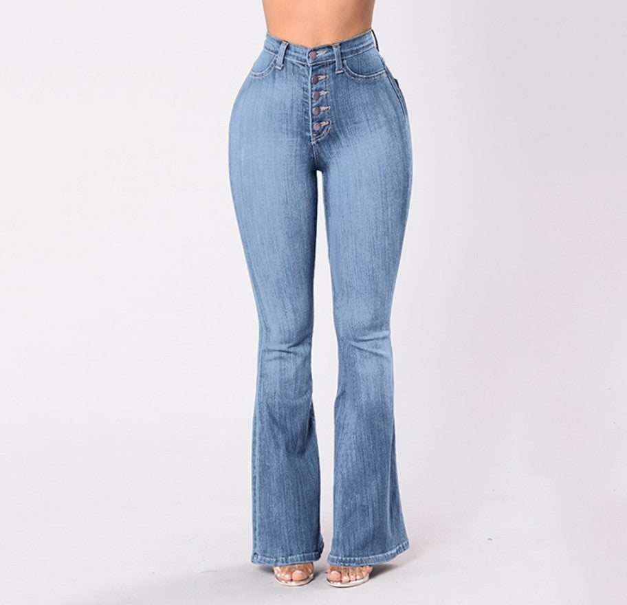 Women's high-waisted bootcut jeans with visible button placket, figure-flattering stretch, and slim thigh Mune Fashion