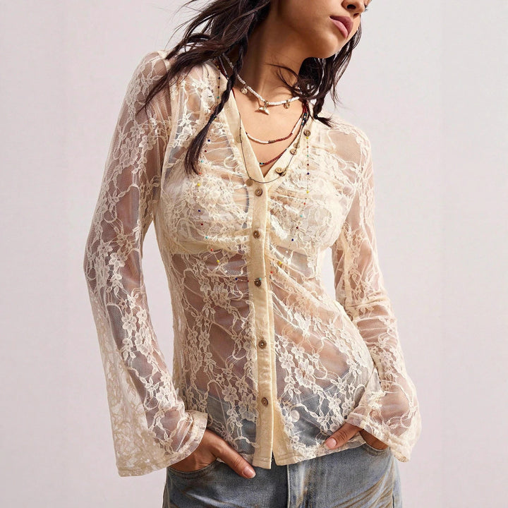 Women's delicate lace cardigan with tailored silhouette and button placket Mune Fashion