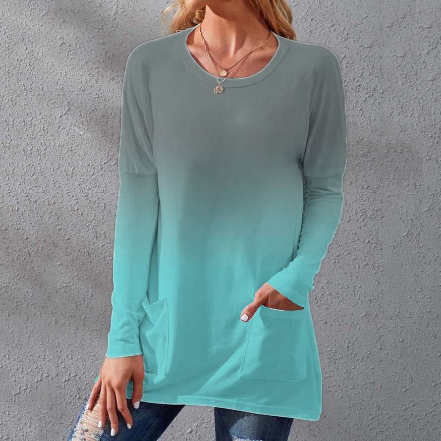 Women's Long Ombre Tunic Shirt with Round Neckline and Insert Pockets Mune Fashion