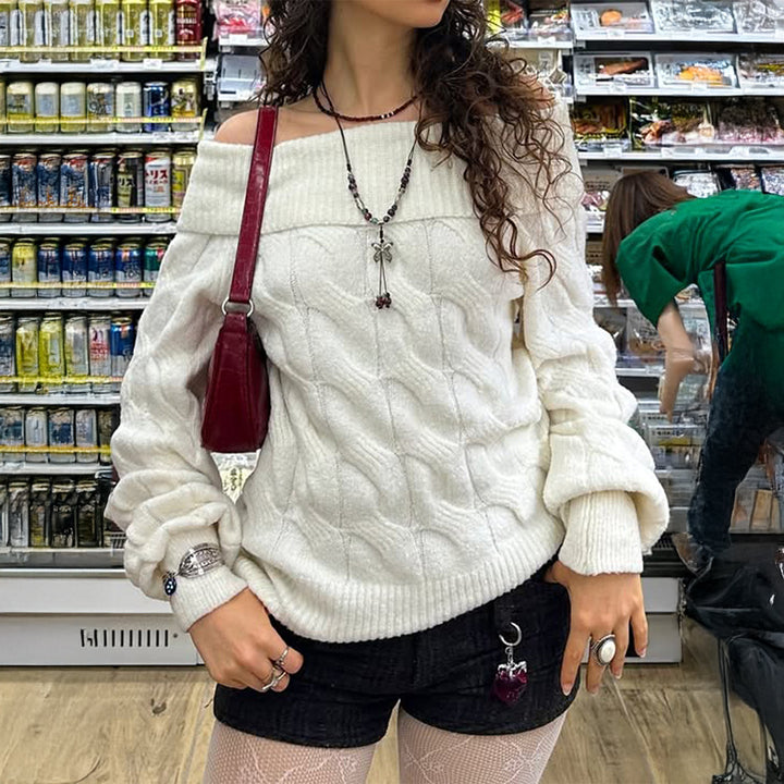 Women’s off-the-shoulder chunky knit sweater with cable pattern, wide sleeve cuff, and elastic ribbed hem Mune Fashion
