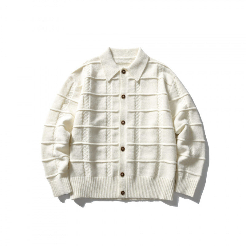 Unisex Boxy Cardigan with Shirt Collar and Structured Check Pattern Mune Fashion