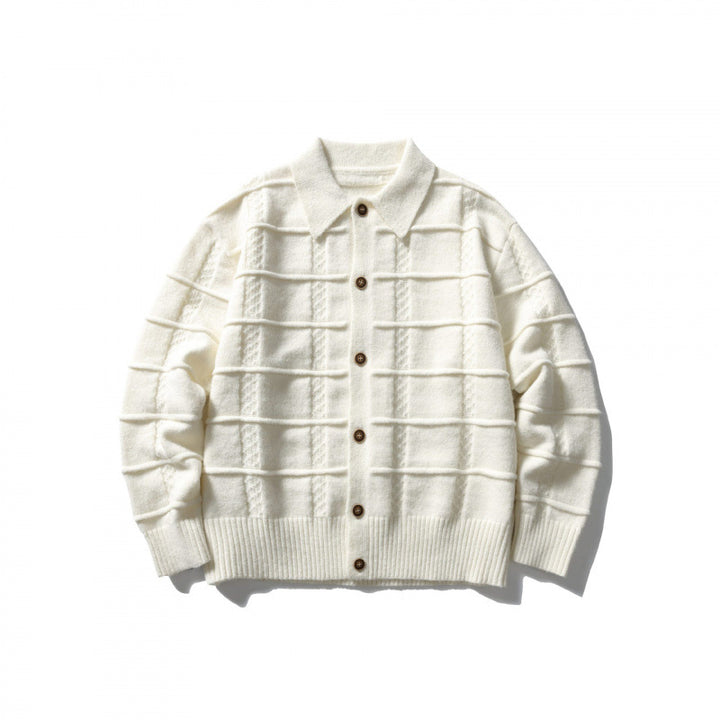 Unisex Boxy Cardigan with Shirt Collar and Structured Check Pattern Mune Fashion