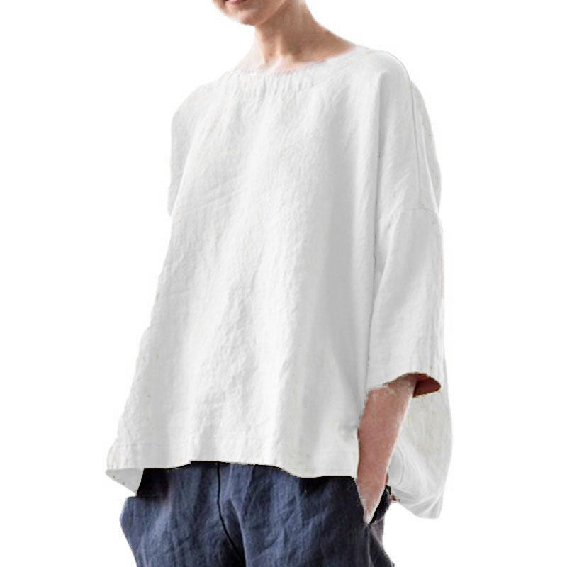 Women's oversized linen blouse with wide boxy cut, boat neckline and 3/4 sleeves Mune Fashion