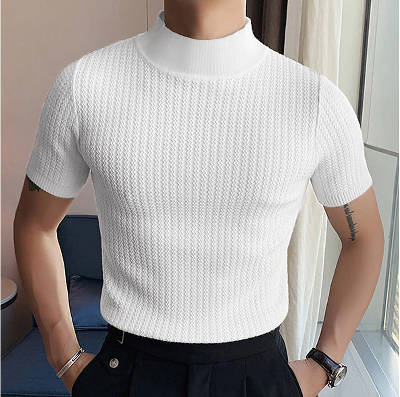 Men's short-sleeve stand-up collar fine knit shirt with fine ribbed structure Mune Fashion