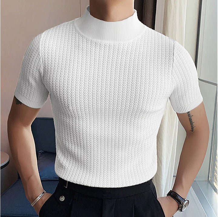 Men's short-sleeve stand-up collar fine knit shirt with fine ribbed structure Mune Fashion