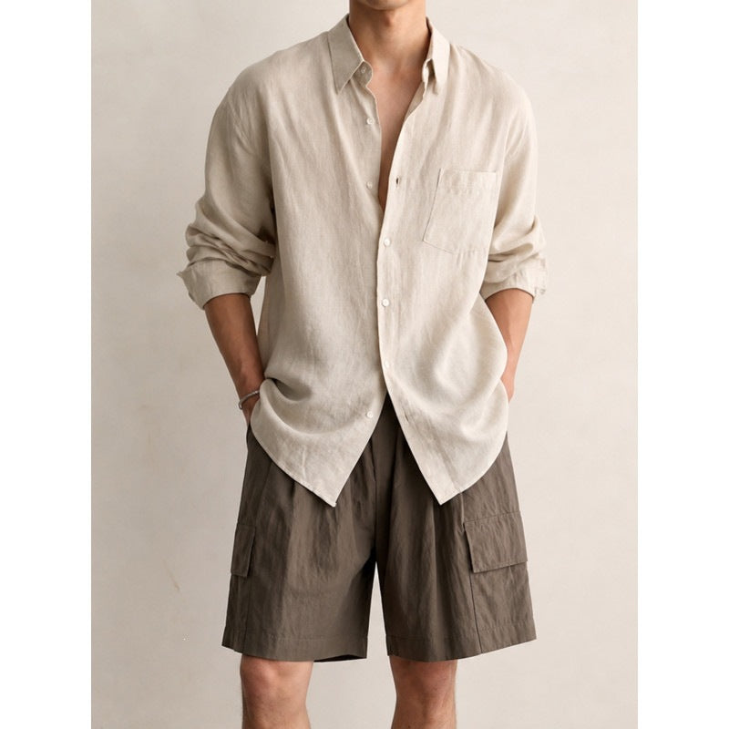 Men's Lightweight Linen-Cotton Shirt with Chest Pocket and Relaxed Fit Mune Fashion