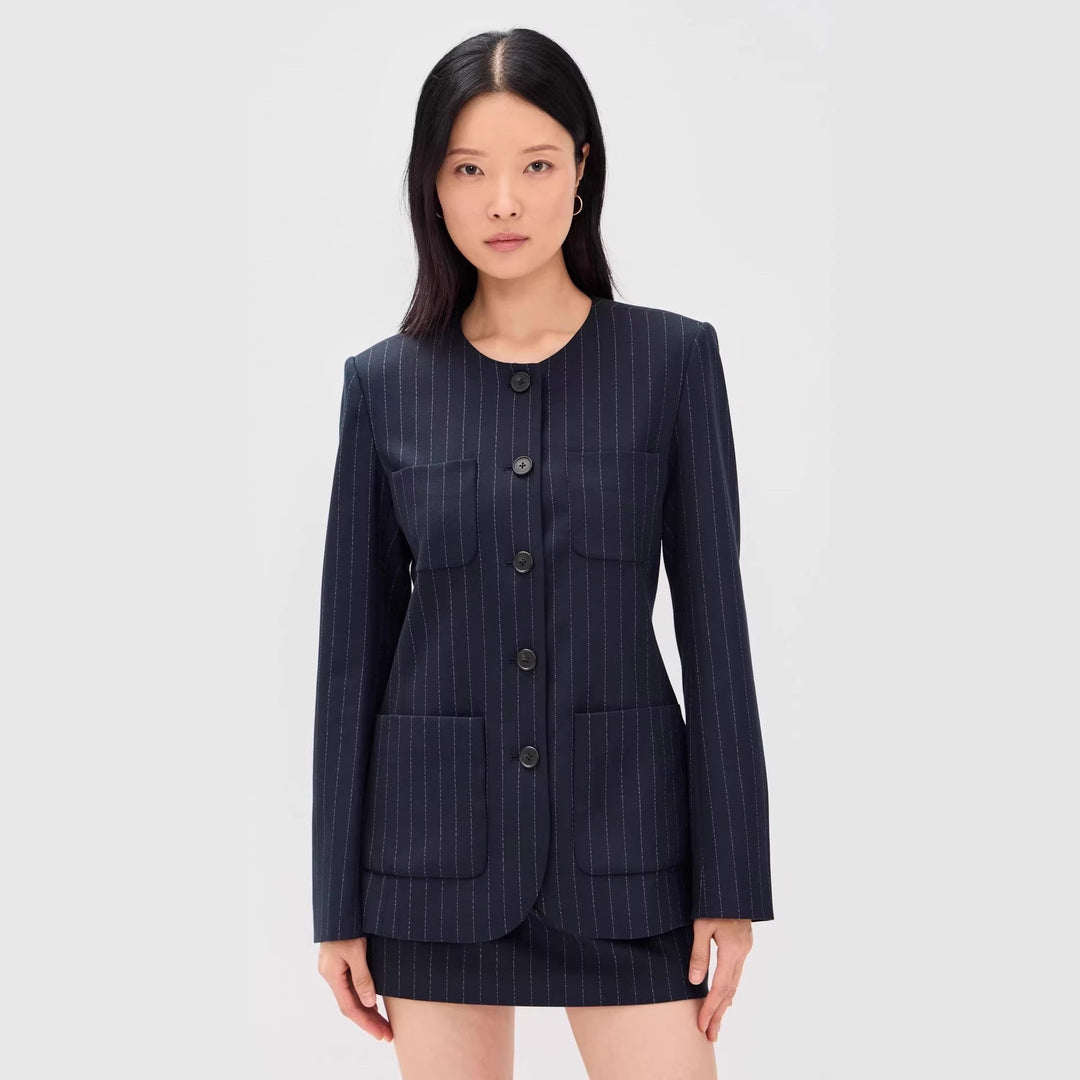 Women Two-Piece Pinstripe Tailoring Set with Collarless Blazer and High-Cut Mini Skirt Mune Fashion