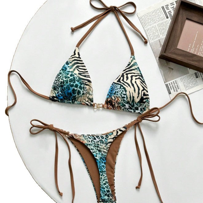 Women's triangle bikini with exciting animal print and fashionable tie bands Mune Fashion