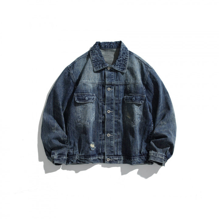 Men's Oversize Vintage Denim Jacket with Used Effect and Chest Pockets Mune Fashion