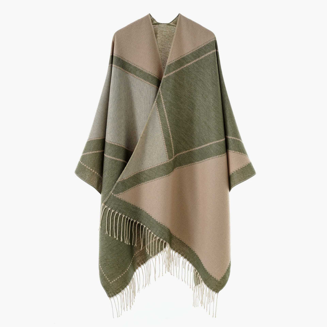 Women's Large Wool Blend Fringe Poncho with Diagonal Contrast Stripes Mune Fashion