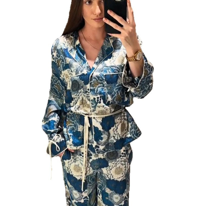 Women Two-Piece Floral Jacquard Loungewear Set with Waist Belt, Piping and Tied Sleeves Mune Fashion