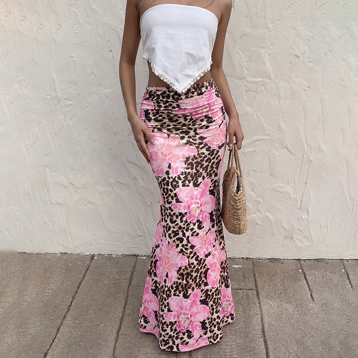 Women Figure-hugging Maxi Skirt in Mermaid Cut with Flower Leopard Print Mune Fashion