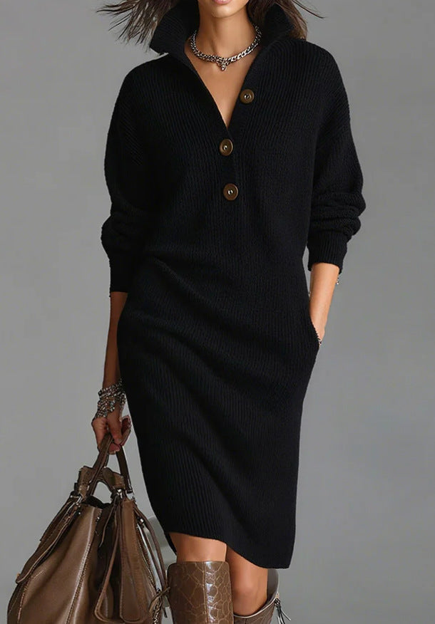Women's knitted sweater dress with polo collar, patch pockets and casual fit Mune Fashion