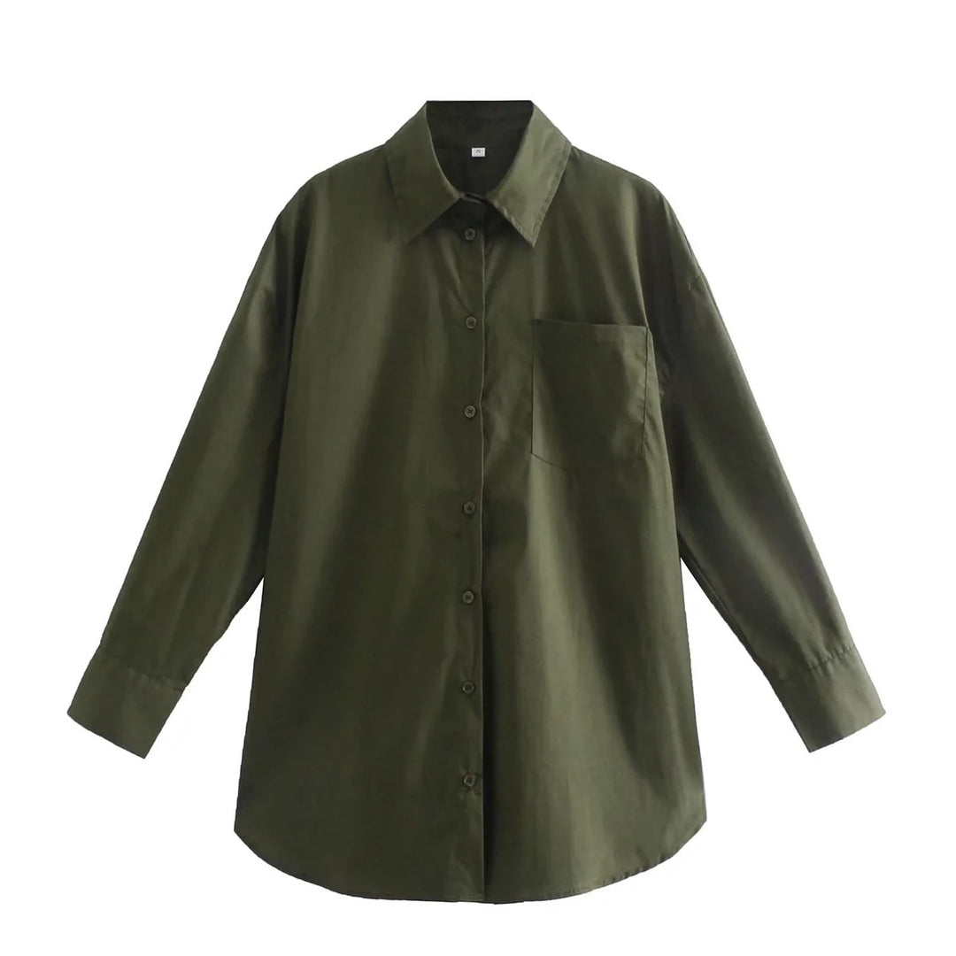 Women's Oversized Shirt Blouse with Round Hem, Chest Pocket and Dropped Shoulders Mune Fashion
