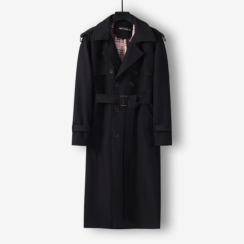 Women Elegant long cut wool blend trench coat with double-breasted button placket and belt Mune Fashion