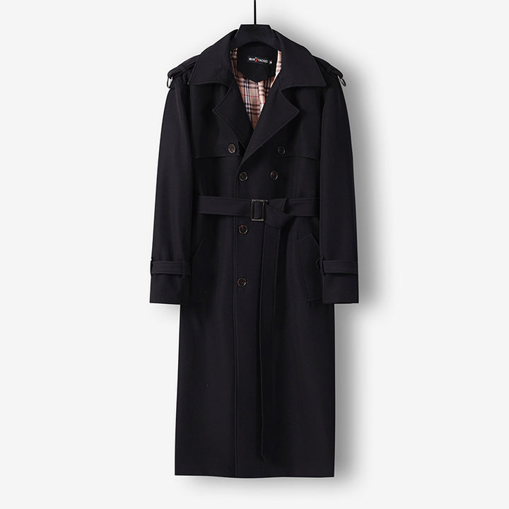 Women Elegant long cut wool blend trench coat with double-breasted button placket and belt Mune Fashion