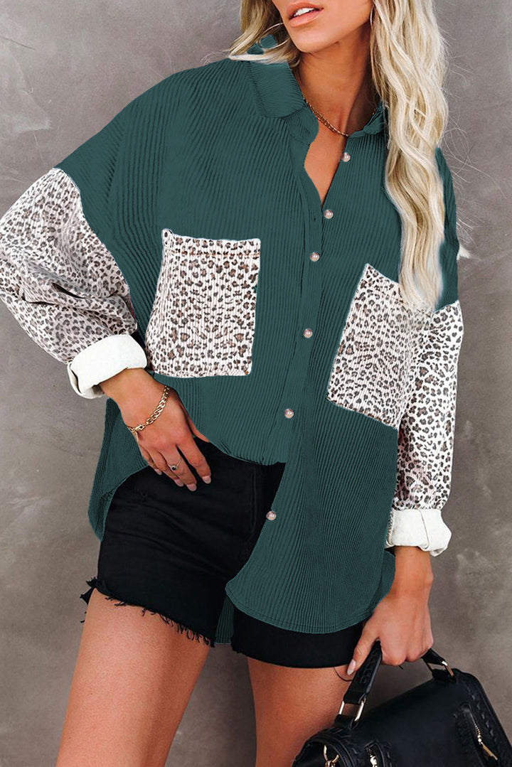 Women's Oversize Cord Shirt with Continuous Button Placket, Leo Contrast Sleeves and Patch Pockets Mune Fashion