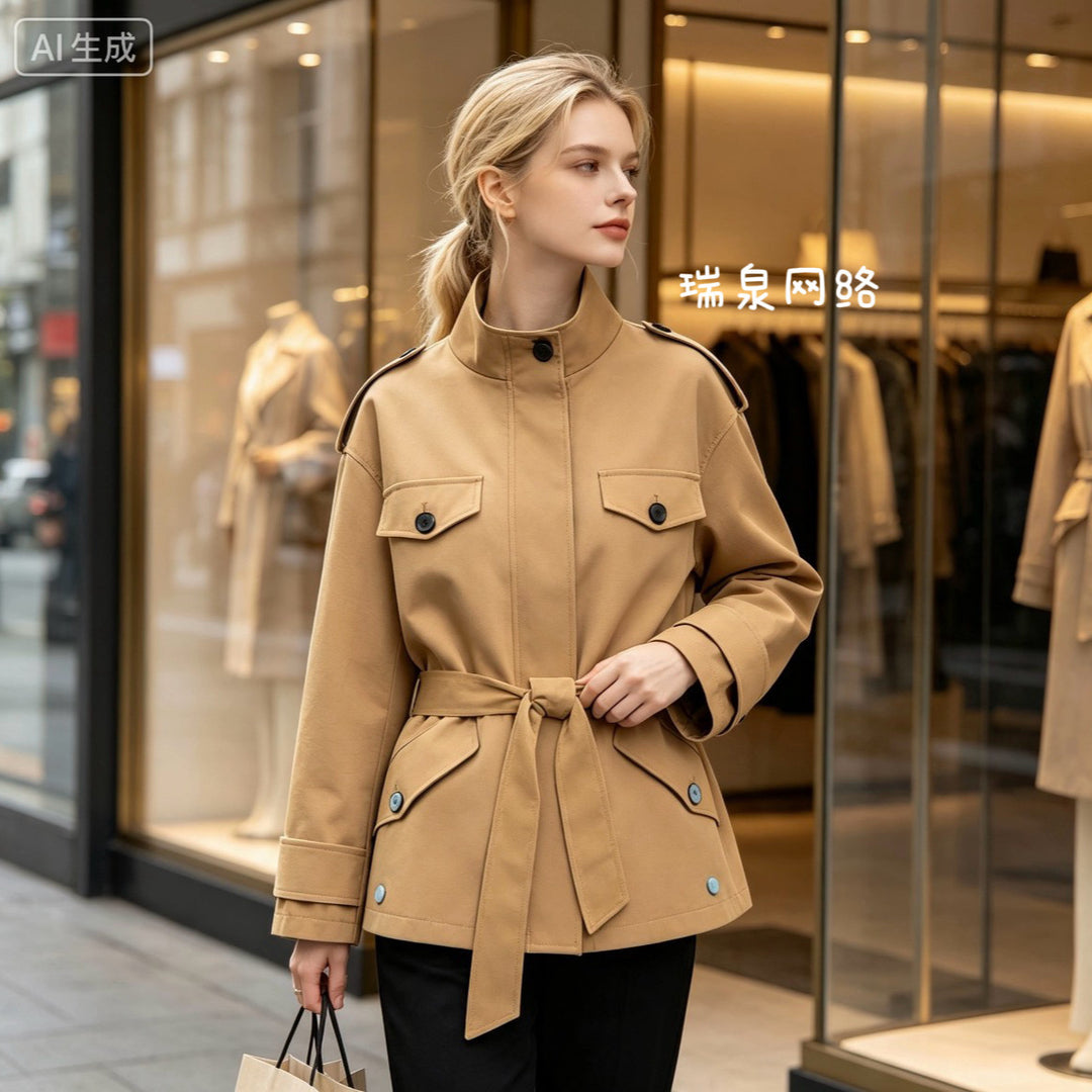 Women's Short Utility Jacket with Waist Belt and Shoulder Flaps Mune Fashion