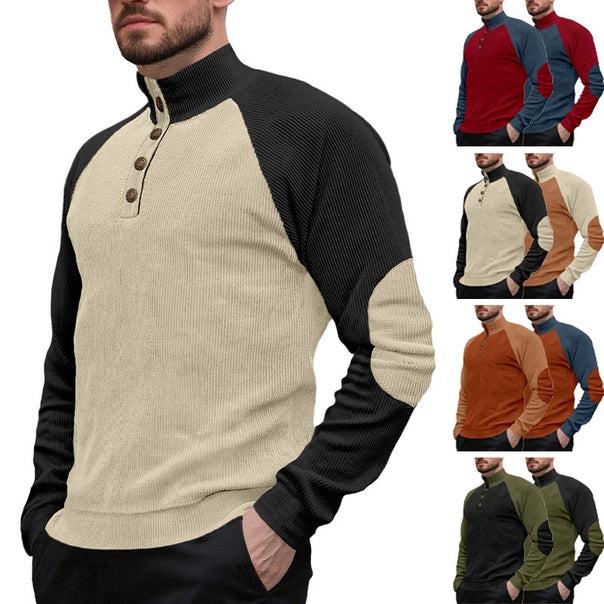 Men's two-tone ribbed troyer with asymmetrical button placket and velour elbow patches Mune Fashion