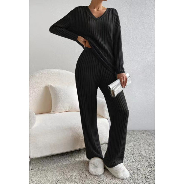 Women Cozy Ribbed Knit Loungewear Set with V-Neck and Wide Leg Mune Fashion